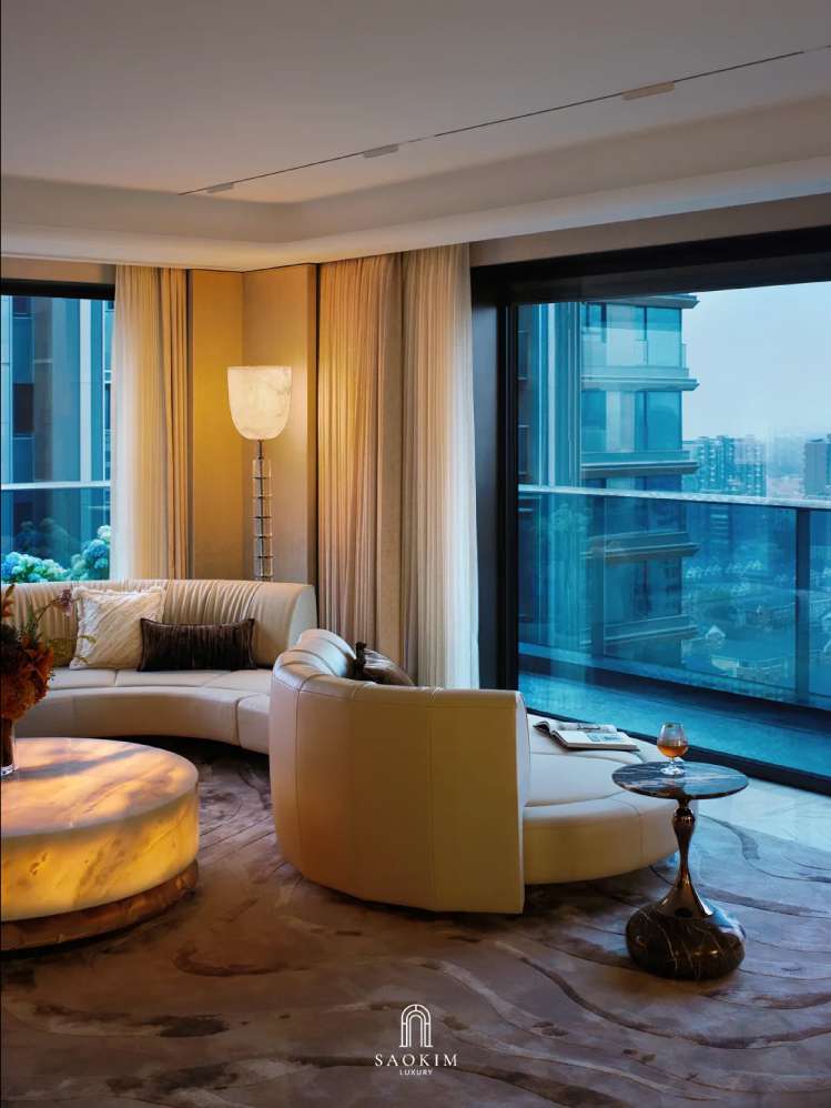 Không gian phòng khách cuốn hút tại thiết kế penthouse phong cách Contemporary Art Deco